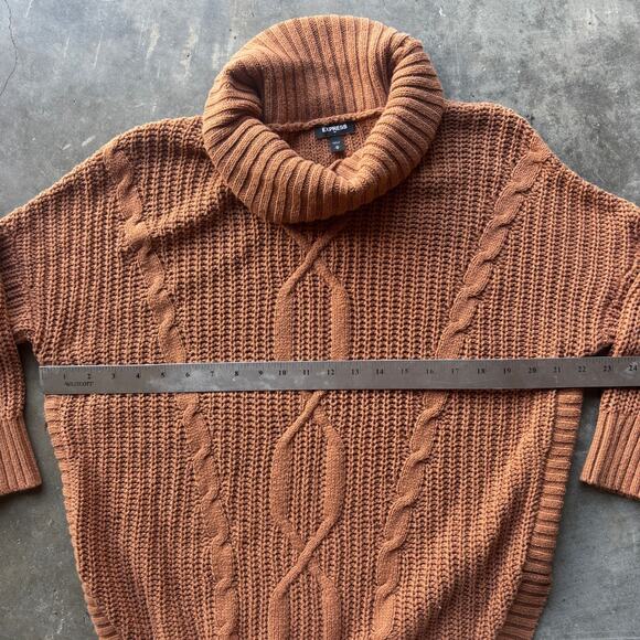 Express Sweater Women's M Brown Turtleneck Fisherman Chunky 3/4 Sleeve Pullover - Picture 7 of 12
